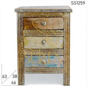 Whitewash Distress Carved Three Drawer <b>Bedside</b> Indian Reclaimed Wood Modern SUREN SPACE Bedroom Living Room Dining Bathroom - Product Image 2