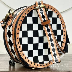 Sac à bandoulière rond en cuir véritable fait main par le fabricant avec motif à carreaux, sac à main de créateur pour femme - Product Image 1