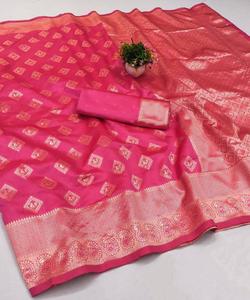Blusa Sari Sin Costuras de Seda LICHI con Tejido Banarasi, Estilo Moderno para Fiestas y Eventos Festivos, Precio al por Mayor, Prenda Étnica, Color Rosa - Product Image 1