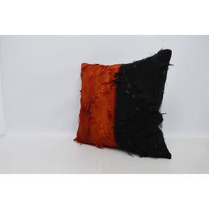 Orange Ikat Patchwork Wool <b>Pillow</b> 28x28 Inch Vintage Embroidered Ruffled Pattern Decorative <b>Pillow</b> for Bedding or Floor Use - Product Image 4