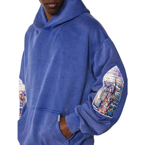 Pull à capuche en coton à manches longues avec poche kangourou, coupe régulière, écologique, de qualité supérieure, couleur bleue, délavé à l'acide, streetwear d'automne - Product Image 3