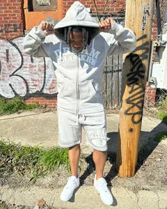 Ensembles short et sweat à capuche zippé complet personnalisé OEM survêtement deux pièces lavé à la pierre et à l'acide survêtement avec broderie de détresse pour hommes - Product Image 6