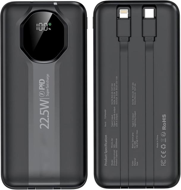 OEM Logo Powerbank 20000mah New Design Fast Charging PD 22.5W Built-in Cable Battery Pack Led Digital Display Power Station