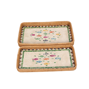 Decoración de utensilios de cocina de pintura colorida, bandeja de servicio de ratán artesanal para fiesta, artículo más nuevo, bandeja de ratán al por mayor de Vietnam - Product Image 3