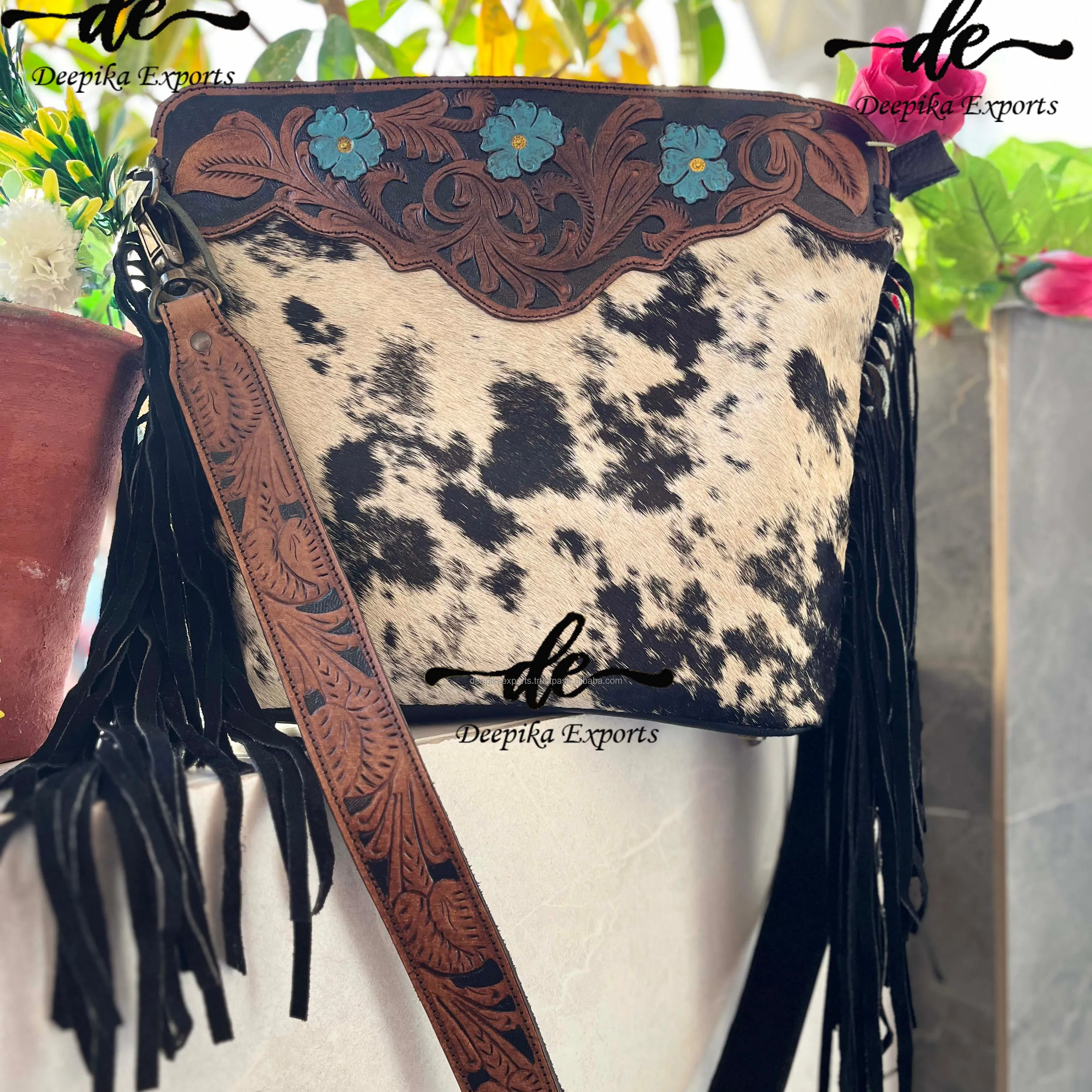 Hand Tooled Leather Handbag Real Cowhide Fringe Sling Bag Carving Bohemian Bags Turquoise Color Sling Hot Selling Bags For Women