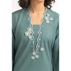 ชุดเซ็ตผ้าฝ้ายสำหรับผู้หญิง สีเขียวอมฟ้า ลายด็อบบี้ ปักลาย สไตล์ฤดูใบไม้ผลิ/ฤดูร้อน ชุดสองชิ้น ความยาวเหนือเข่า ไซส์ XS และ XXS - Product Image 3