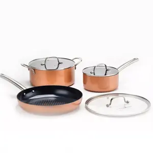 Best-Selling Copper Chef Aluminium 7'' Sauce Pan 9.5'' Round Casserole Pan 12" Round Fry Pan With Flat Lid Six Piece Set