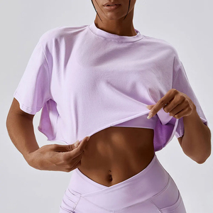 Casual Cotton Women's Gym Workout T-shirt Short Sleeve Dance Sports Running <b>Crop</b> <b>Top</b> With O-Neck Solid Pattern Loose Fit - Product Image 4