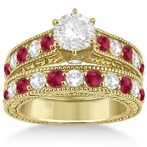 2.75ct Antique Diamond & Ruby Bridal Ring <b>Set</b> in 14k Yellow Gold <b>Fine</b> <b>Jewelry</b> <b>Sets</b> - Product Image 1