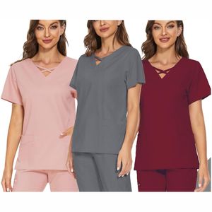 Conjuntos de uniformes médicos cuello alto manga corta cómodos uniformes de enfermería tejidos para mujeres con múltiples bolsillos de alta calidad - Product Image 4