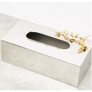 Boîte à mouchoirs de table au design élégant Boîte à mouchoirs en métal doré de qualité supérieure avec accent de fleurs blanches pour porte-serviettes de table basse - Product Image 2