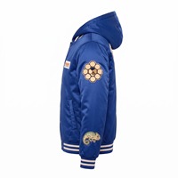 Blouson Bomber en Satin à Capuche pour Homme Bleu Royal Crème avec Patch Chenille Centipède Doublure Sublimée Logo Personnalisé OEM