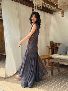 Womens Sleeveless V Neck Eco-Friendly Floor-Length Natural Waist Maxi Dress Flowy Pleated Elegant Evening Resort Party Wear - Product Image 4