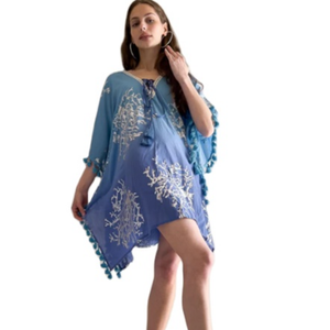 Treding Collection Summer Women Collection Casual Mini Length <b>Three</b> Quarter Sleeves V-Neck Printed Short Kaftan With Lace - Product Image 1
