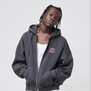 เสื้อฮู้ดโอเวอร์ไซส์ผ้าโพลีเอสเตอร์/ ผ้าฝ้ายผสมซิปเต็มตัวสีชมพูอ่อนสไตล์วินเทจผ้าโอเวอร์ไซส์เป็นมิตรกับสิ่งแวดล้อม - Product Image 5