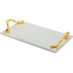 Plateau en marbre naturel Pierre à bijoux Plateau de service en marbre naturel Plateau allongé festonné Poignée en laiton - Product Image 2