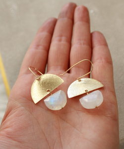 Rainbow moonstone half <b>moon</b> 925 silver gold plated arch hanging earring for women designer handmade wire wrapped earrings pair - Product Image 4