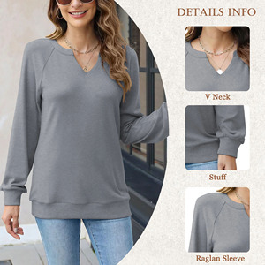 Sudadera con cuello en V para mujer, camiseta de manga larga de gran tamaño, camiseta ligera de moda de otoño, Top informal holgado, tela de Modal al por mayor - Product Image 4