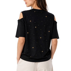 Women's Cold Shoulder <b>Rhinestone</b> T Shirt Short Sleeve Round Neck Relaxed Fit Casual Fashion <b>Top</b> Custom Logo Tee women's shirt - Product Image 2