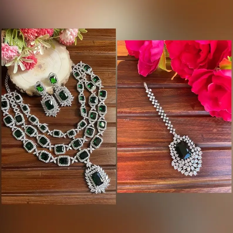 Trois couches en forme d'émeraude Faux Moissanite diamant collier ensemble collier à la mode ensemble bijoux de mariage de mariée bel ensemble