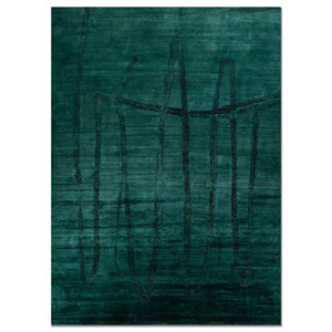 Tapis Aprezo vert en laine et soie noué à la main Ebsh-1474(OD) motif puzzle abstrait pour la maison, le salon, le couloir, la voiture, fait main - Product Image 1