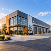 Usine de fabrication, structure en acier préfabriquée, bâtiment industriel avec bureau et plusieurs grandes portes d'accès