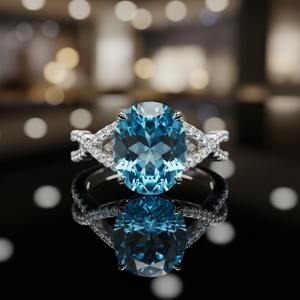 Bague de fiançailles et de mariage en argent sterling 925 très demandée, sertie de topaze bleue ovale taille diamant, pour les fêtes - Product Image 1