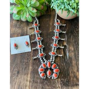 Thomas Francisco Mediterranean Coral & Sterling <b>Silver</b> Squash Blossom <b>Necklace</b> <b>Set</b> - Product Image 1