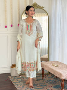 Pantalon Kurti blanc en tissu Viscose Chanderi traditionnel indien de haute qualité avec Dupatta pour l'exportation de travaux de broderie au meilleur prix - Product Image 5