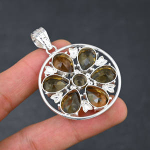 Colgante de piedras preciosas de cuarzo de cerveza creado en laboratorio hecho a mano, joyería de diseñador chapada en plata 925, regalo de moda único para su Día Especial - Product Image 3