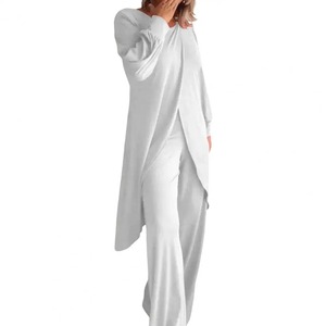 Conjunto de dos piezas elegante blusa con dobladillo irregular conjunto de pantalones de pierna ancha para mujeres de talla grande elegante traje de oficina con mangas largas - Product Image 2