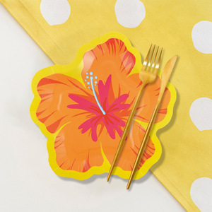 Assiettes en papier jetables à motif de fleurs d'hibiscus, fournitures pour fêtes d'aventure hawaïennes tropicales d'été - Product Image 2