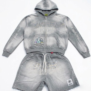 Custom Mens gray Acid Wash zip up Hoodie Shorts Tracksuit <b>Set</b> rhinestone Streetwear Heavyweight OEM Private Label B2B Maker - Product Image 1