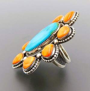 Turquoise Spiny Oyster Sterling Énorme Cluster Bague Pierre Précieuse Naturelle Argent Cadeau Pour Femme Pour Anniversaire Et Anniversaire - Product Image 2