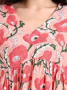 Top Peplum de Algodón con Estampado Floral Rosa para Mujer al por Mayor |   Elegante Blusa Casual Étnica de Manga Larga - Product Image 4