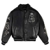 Jaket Kulit Pria Varsity Avirex Bordir Patch Zip-up Gaya Bomber Manset Bergaris Logo Depan High Street Tahan Air