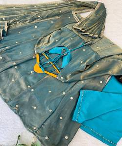 DESIGNER FENDY SATIN RAMBO SEQUENCE EMBROIDERY WORK GOWN BOTTOM DUPATTA WEDDING WEAR WHOLESALE PRICE ETHNIC GARMENT SKY COTTON - Product Image 2