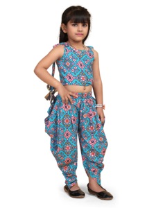Conjunto de Moda Shoryam para Niñas, Top Corto sin Mangas con Estampado Geométrico Azul y Pantalones Dhoti, Estilo Étnico, Completamente Cosido, Ropa de Fiesta para Niñas Pequeñas - Product Image 5