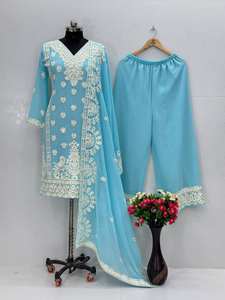 Alta calidad Skyblue Faux Georgette Top Palazzo para mujeres Indian Pakistani Wedding & Festival Suit Party Wear - Product Image 6