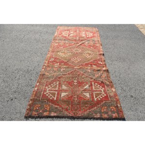 Alfombra de lana marrón y Rojo Vintage, 3,8x9,1 pies, Alfombra de tejido plano turco, patrón de retazos, decoración de sala de estar con respaldo de látex - Product Image 1