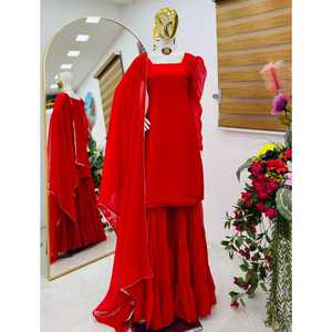 Ensemble haut, palazzo et dupatta pour soirée d'été, nouveau design, en georgette de renard, séchage rapide, longueur standard, col rond, manches courtes, tissu palazzo - Product Image 1