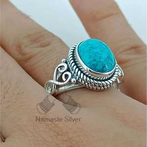 Turquoise Ovally Cut Diamond Handmade Boho <b>Statement</b> Sterling Silver <b>Ring</b> Anniversary Birthday Wedding Christmas Gift for Her - Product Image 3