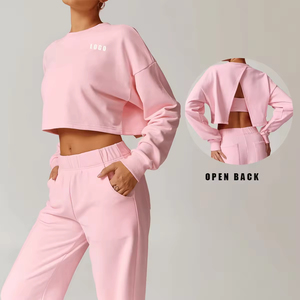 Sweat-shirt court à manches longues pour femme, style punk, délavé à l'acide, dos ouvert, automne-hiver - Loisirs, sport, fitness, 100% coton - Product Image 1