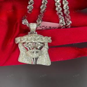 GRA certificado corte redondo Moissanite Jesús cara colgante 14K chapado en oro blanco diseño de moda collar elegante encanto Joyería de diamantes - Product Image 1