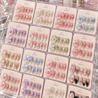 Kuku Palsu Pastel Jelly Grosir Buatan Tangan 3D Bunga Kristal Almond Dapat Digunakan Kembali Set Kuku Kustom Pemasok Pabrik OEM