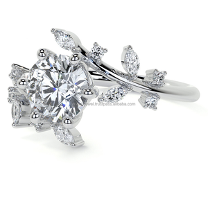 Flor Vintage con forma de hoja Anillo de diamante Corte redondo Moissanite Anillo de diamante artístico único Conjunto de joyería nupcial - Product Image 6