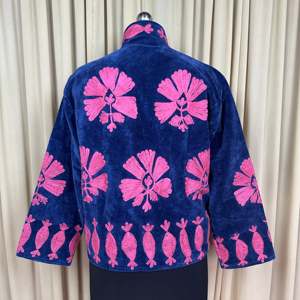 Boho Chic Retro Chic Free Size Robe Hand Embroidered Blue Floral Velvet Suzani <b>Jacket</b> Open Front Winter Coat with Long Length - Product Image 2