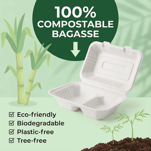 Contenedores de Alimentos con Compartimentos, Ecológicos, Impermeables, Compostables, con Bisagras, Desechables, de Bagazo, para Llevar Comida, para Restaurantes - Product Image 6