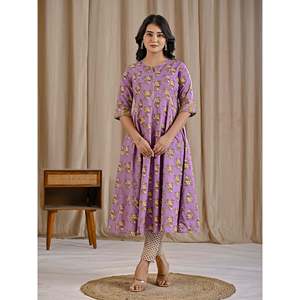 Conjunto de Kurta y Pantalón de Algodón Estampado Morado Jaal para Niñas, Traje Tradicional Étnico Salwar Kameez para Fiestas y Ocasiones Especiales, Hecho de Tela de Red - Product Image 5