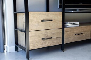 Soportes altos de TV de metal de estilo moderno con estantes y bandejas de madera Estantes Organizadores de muebles para el hogar interior - Product Image 3